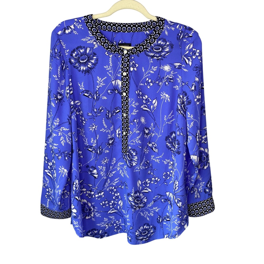 Talbots Womens Blue Floral Split Neck Long‎ Sleeve Blouse Geometric Trim Large
